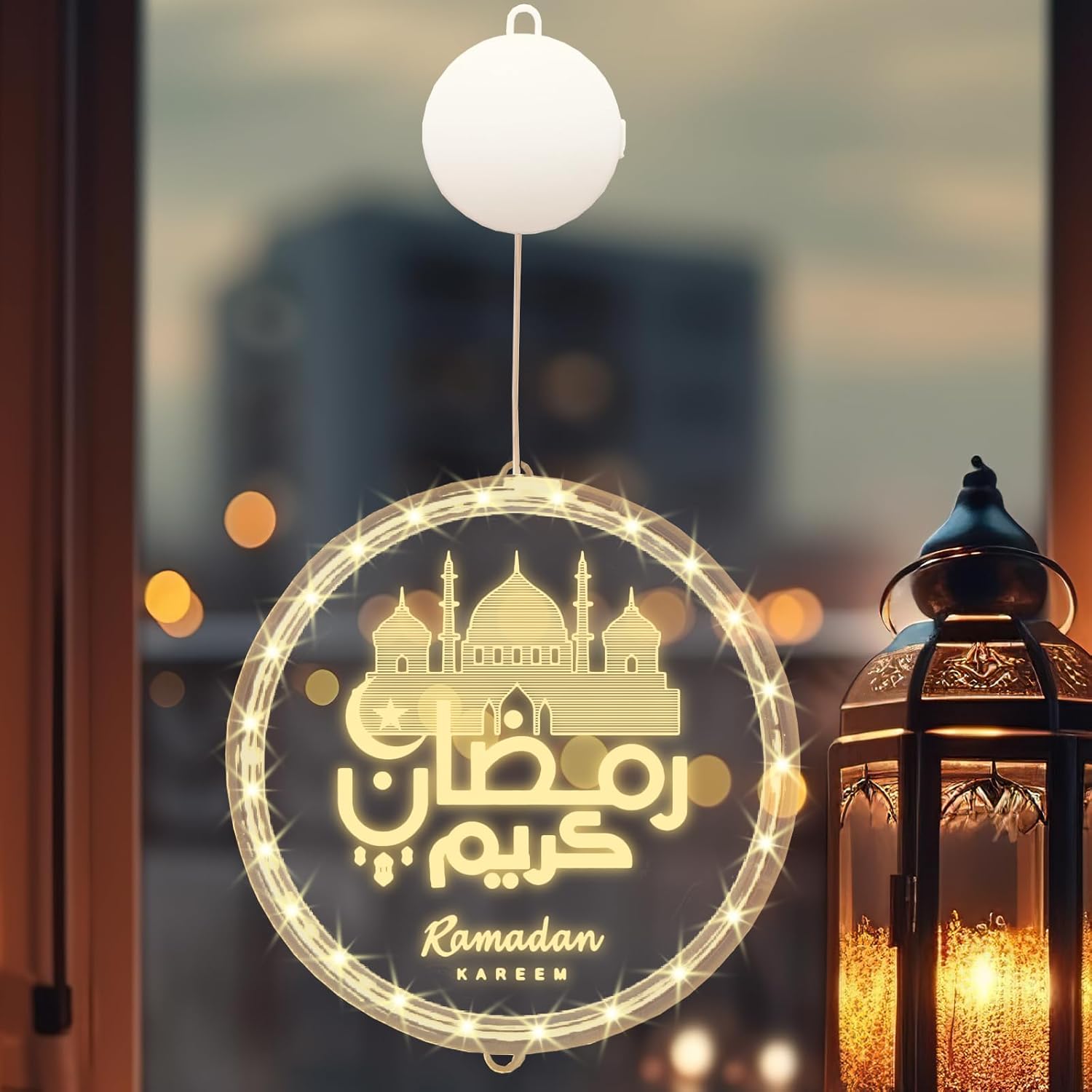 فانوس رمضان الزخرفي المعلق، مصباح نافذة هلال ونجمة مع أضواء للزينة الليلية