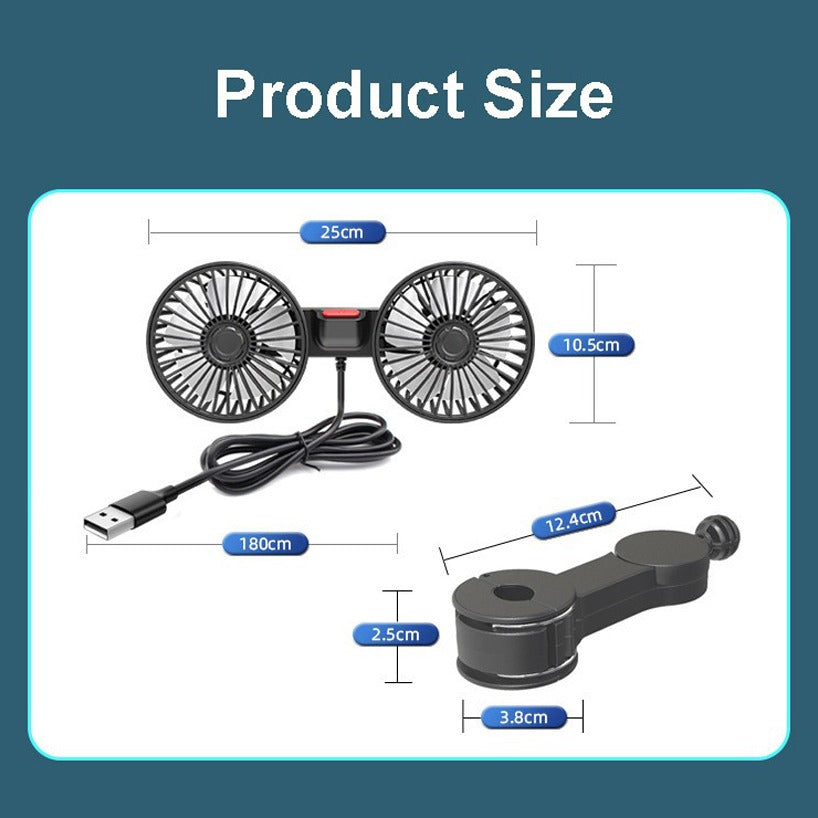 Rotating Mini Car Vehicle Cooling Fan, Double Headed Clip Lock Fan for Car Rear Seats
