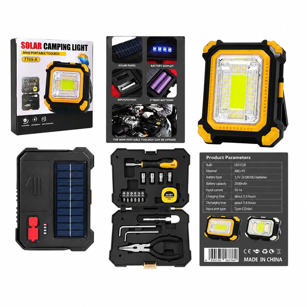 Solar Rechargeable LED Camping Light with Portable Tool Kit, COB Emergency Work Light