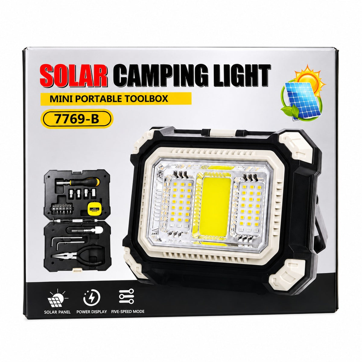 Solar Rechargeable LED Camping Light with Portable Tool Kit, COB Emergency Work Light