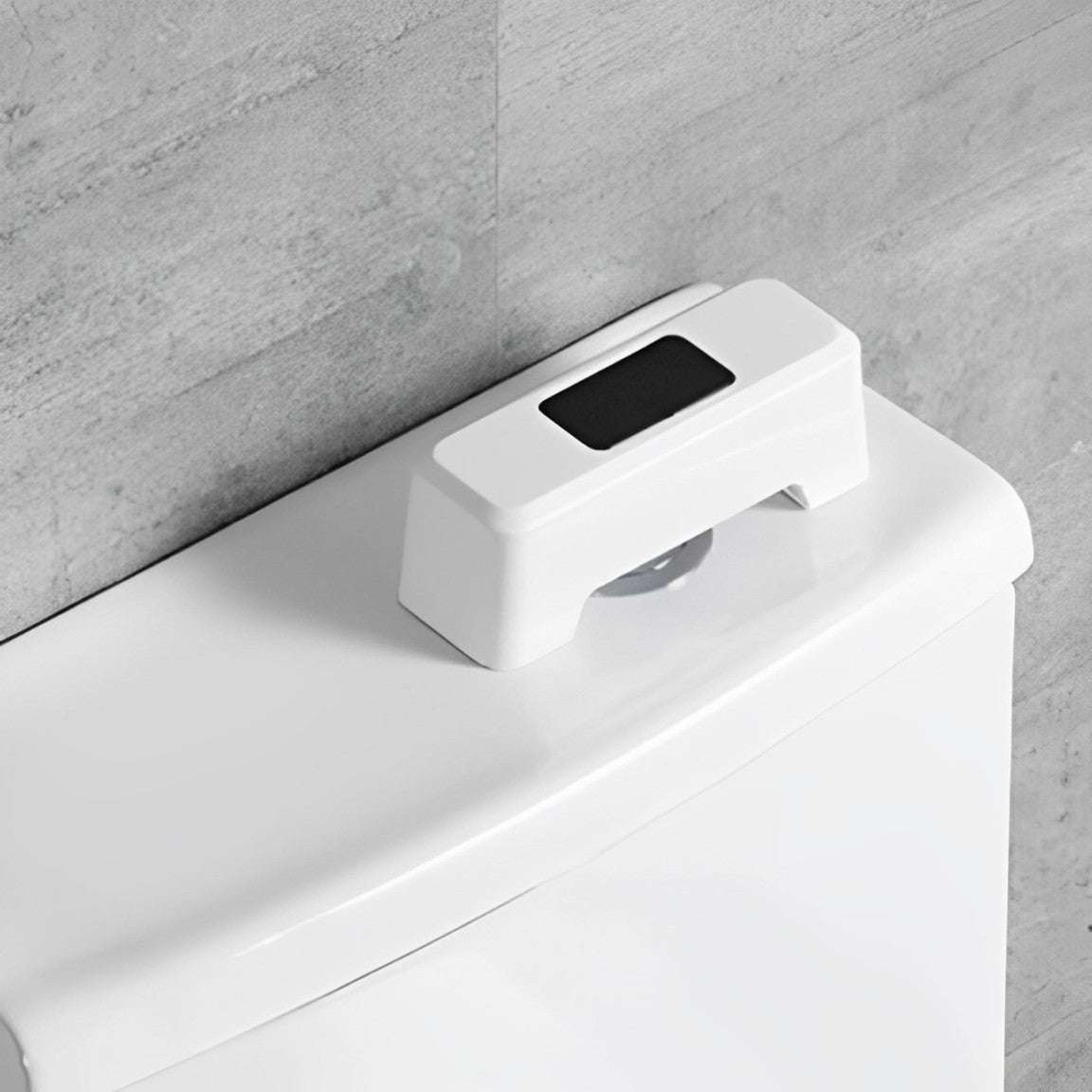 White Automatic Sensing Toilet Flush Button Placed at Bathroom.