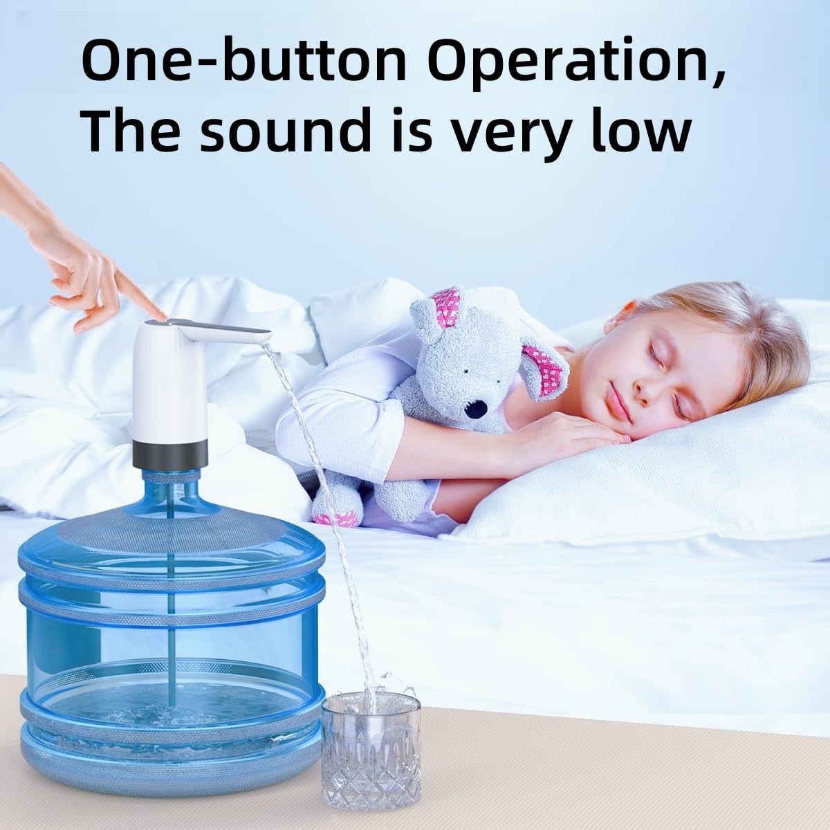 A Person taking water from Can Using Rechargeable Electric Water Dispenser Pump While a Child is Sleeping.