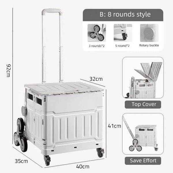 A White Folding Shopping Cart with Stair Climber Wheels.