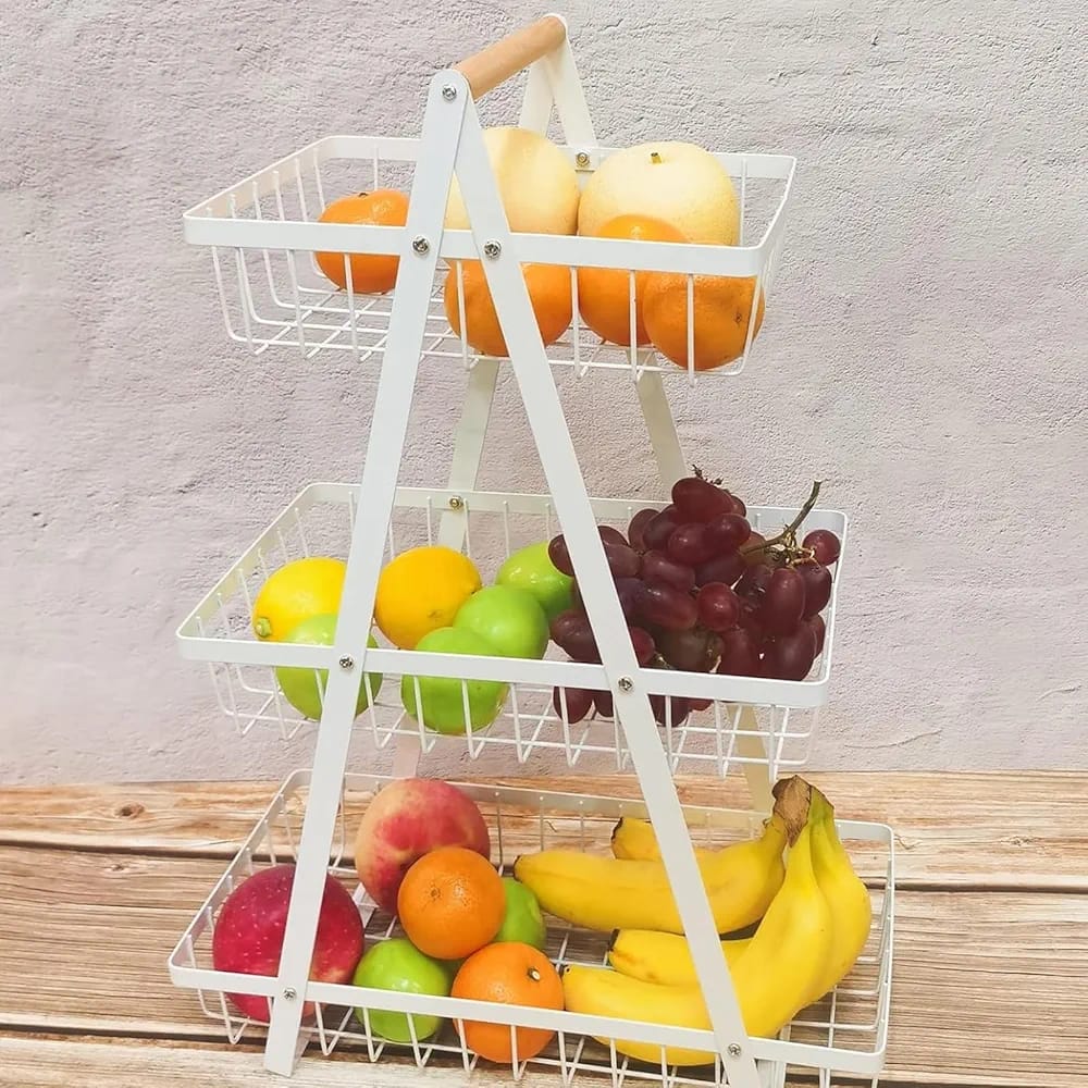 A 3 Tier A Fruit Display Stand With Fruits.