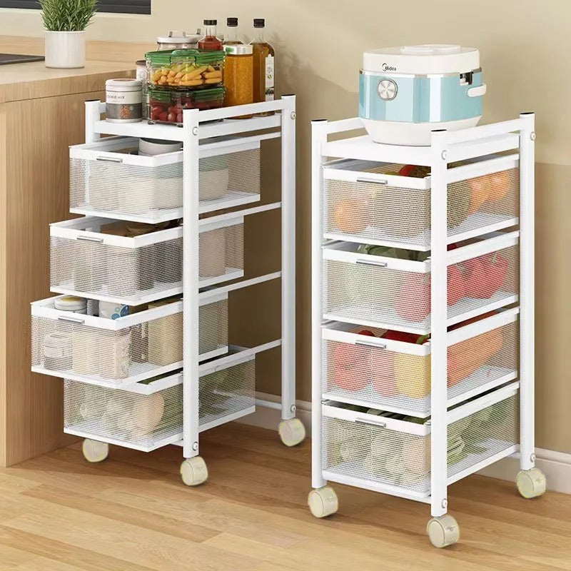 Multi-Layer Drawer Kitchen Trolley Rack Organized With Fruits and Vegetables.