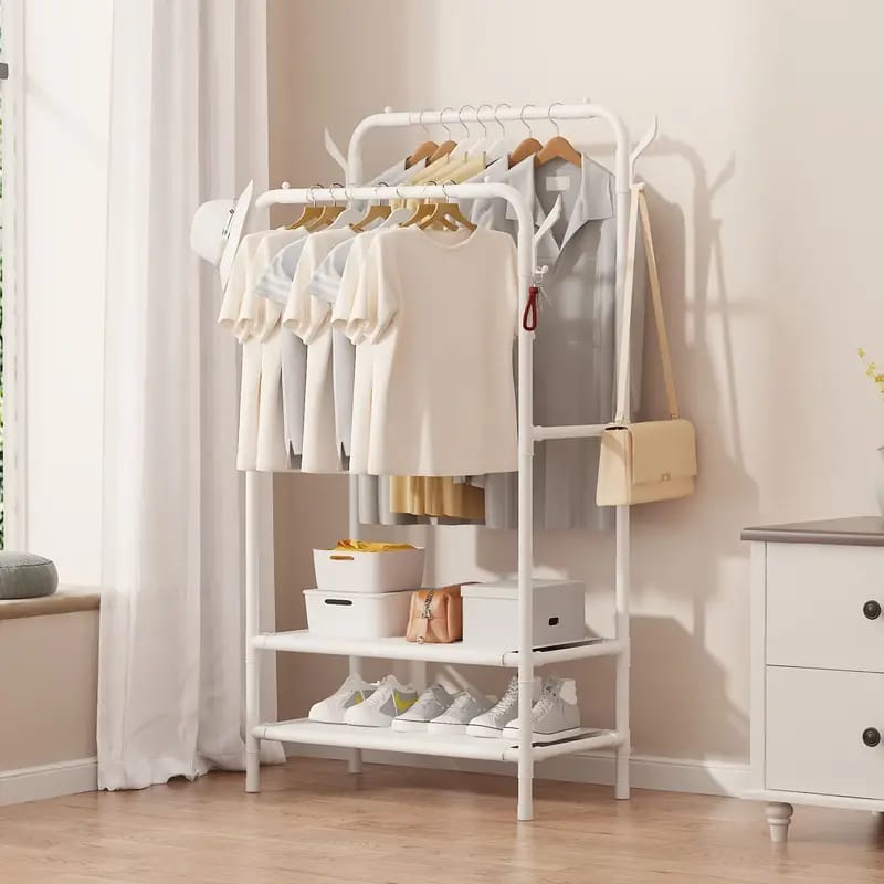 Clothes, Shoes, and Bags Are Organized On the Multifunctional Cloth Rack with Shoe Stand.