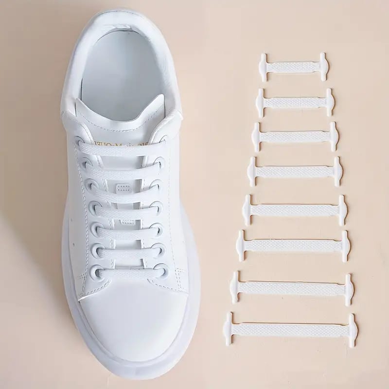 White Silicone No Tie Creative Shoelaces Fixed on Shoe.