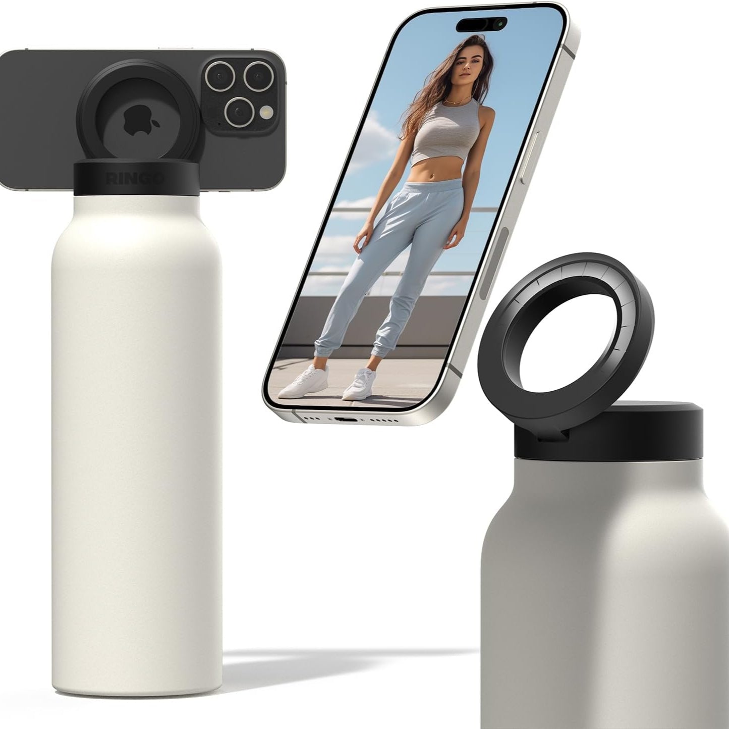 White Stainless Steel Vacuum Water Bottle With MagSafe Magnetic Phone Holder.