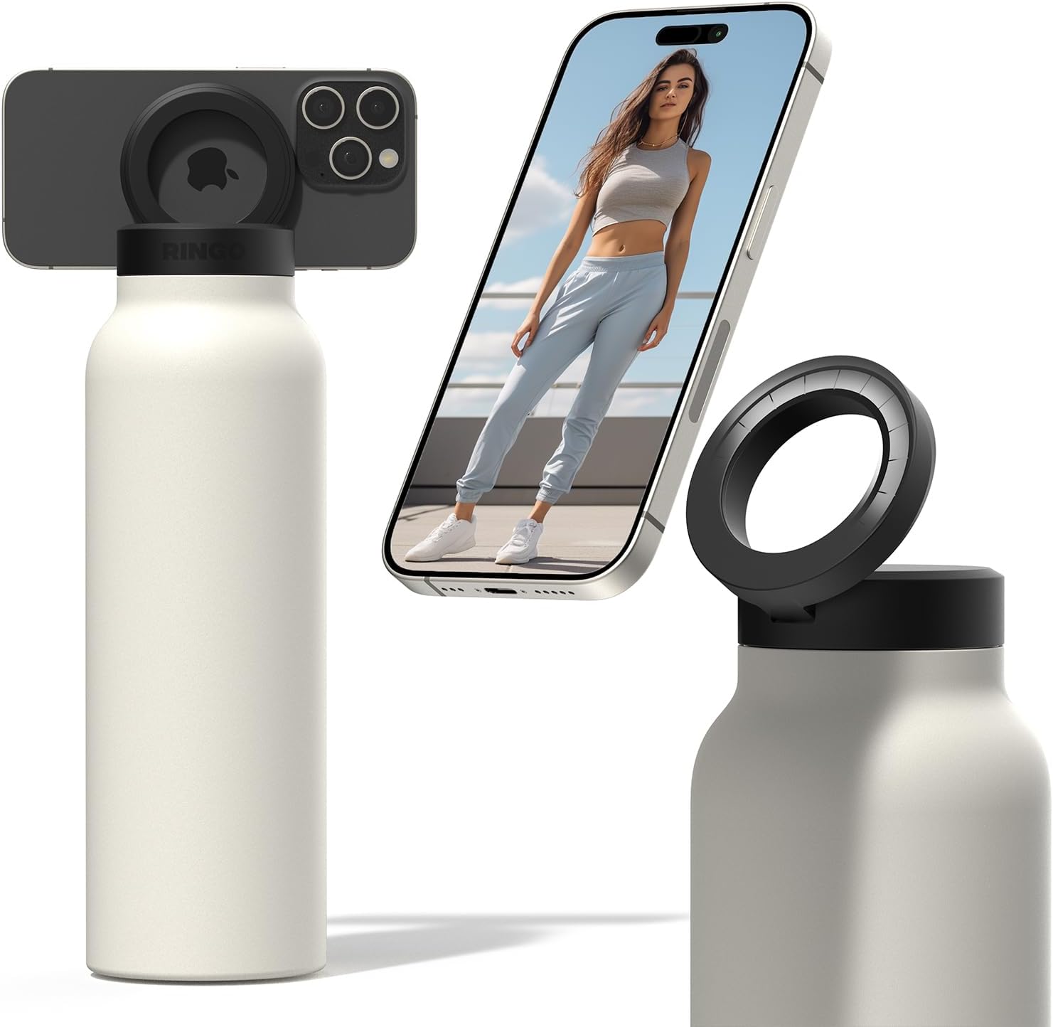 White Stainless Steel Vacuum Water Bottle With MagSafe Magnetic Phone Holder.