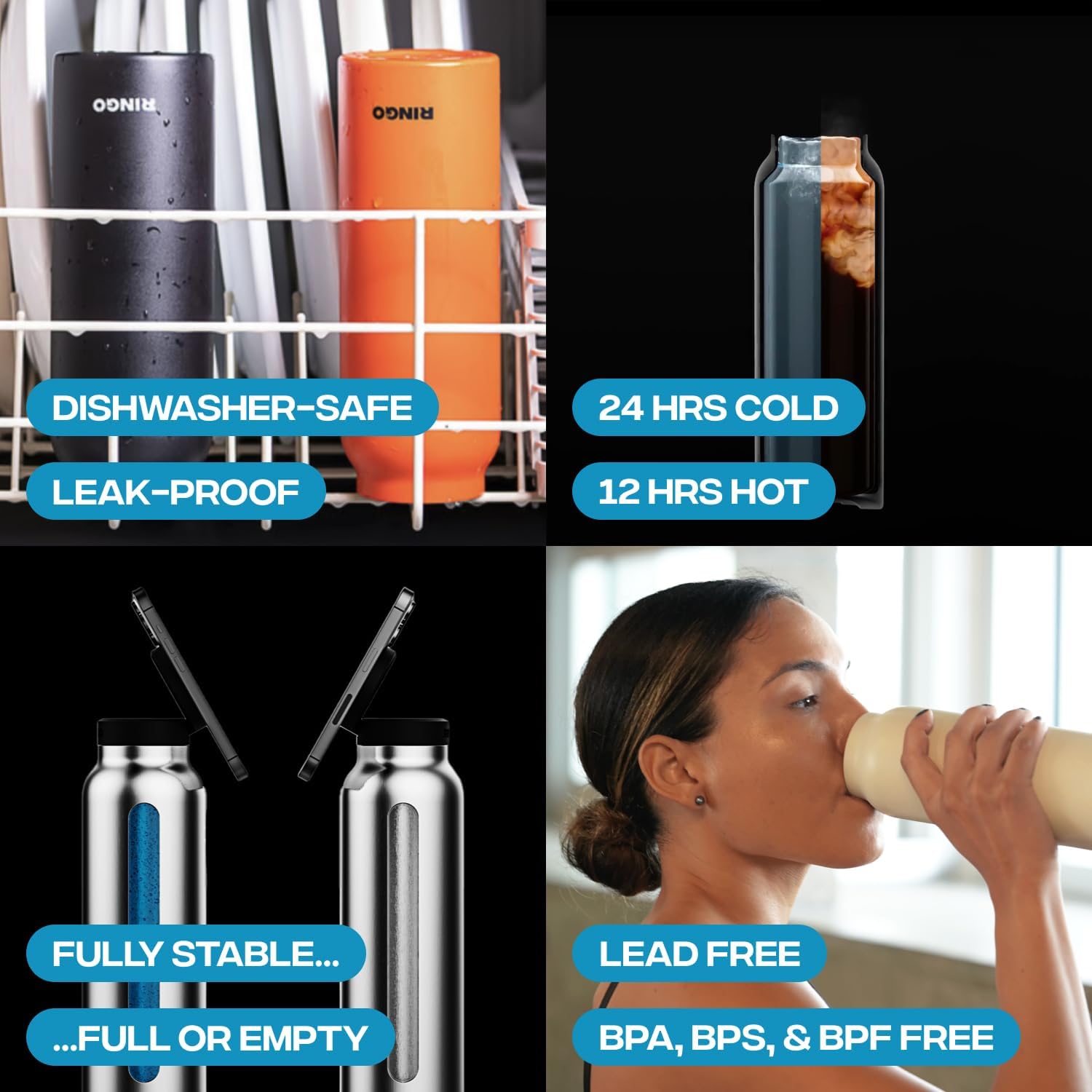 A Women is Drinking From Stainless Steel Vacuum Water Bottle With MagSafe Magnetic Phone Holder.