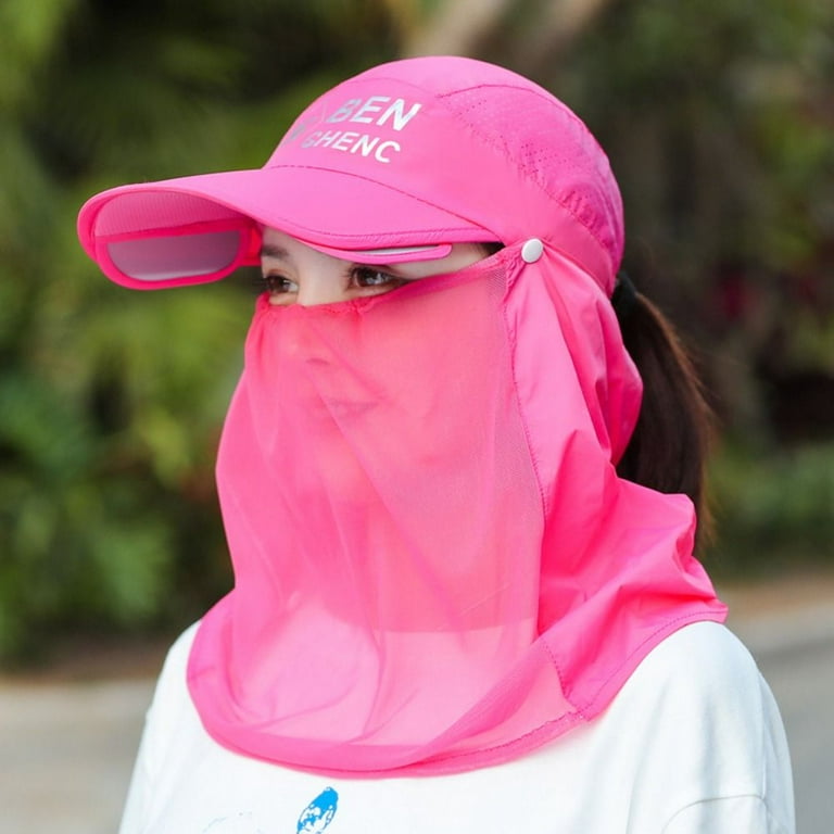 A Woman is Wearing Wide Brim Bucket Hat with Neck Cover.