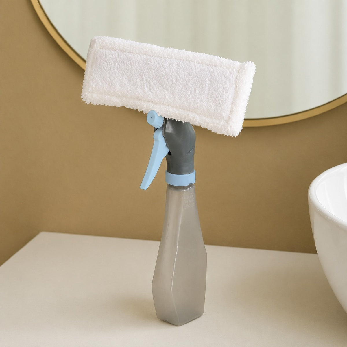 A Window Cleaner Spray Set with a light blue trigger sprayer holding a white microfiber cleaning cloth, set on a bathroom counter with a mirror and sink in the background.