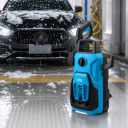 A Winning Star Portable Pressure Washer in the foreground, with a soapy black car washed in a car wash bay in the background.
