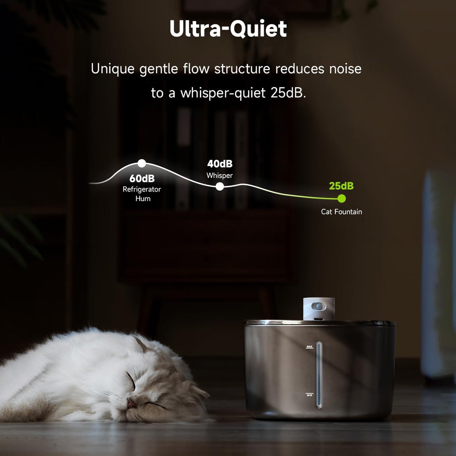 A Cat is Sleeping On The Side Of Smart Wireless Cat Water Fountain.
