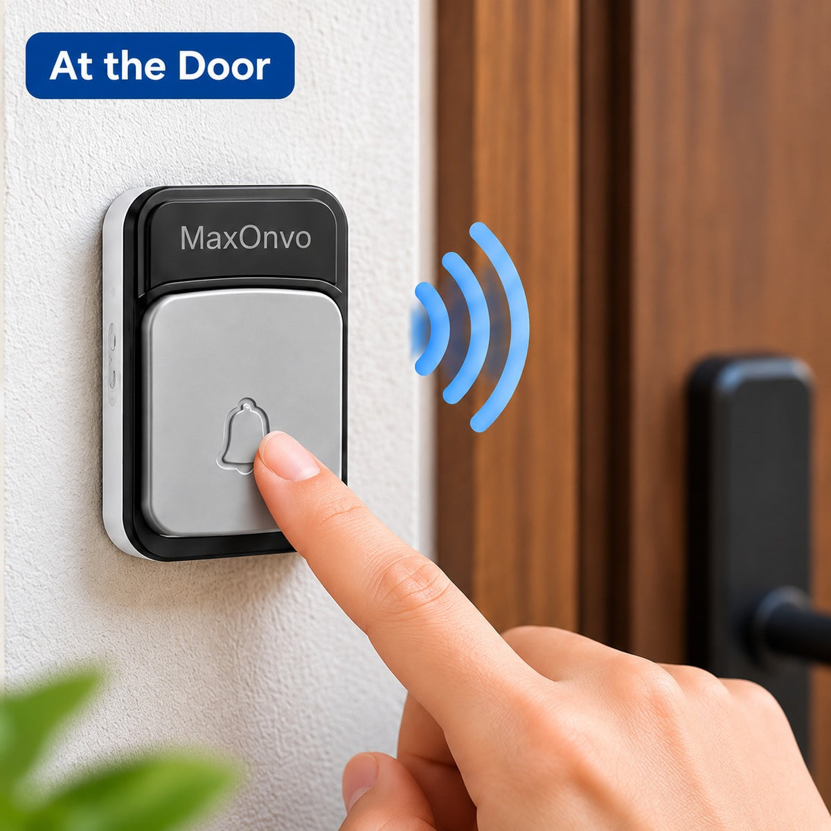 A Person is Pressing Wireless Doorbell Fixed on the Wall of Main Entrance.