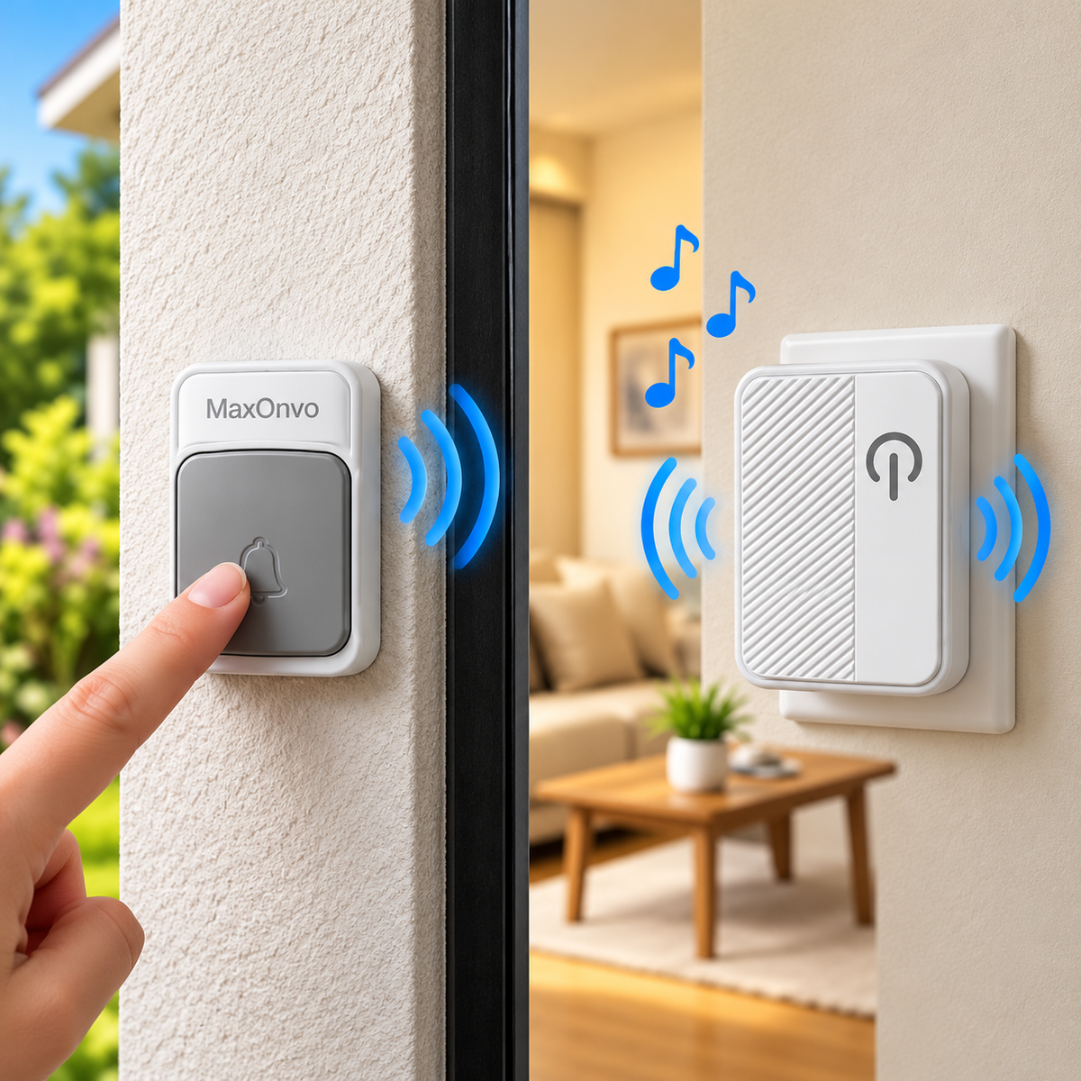 A smart doorbell push button on a textured exterior wall with a finger pressing it, shown next to a matching wireless receiver mounted on an interior wall with blue wireless signal graphics and music notes.