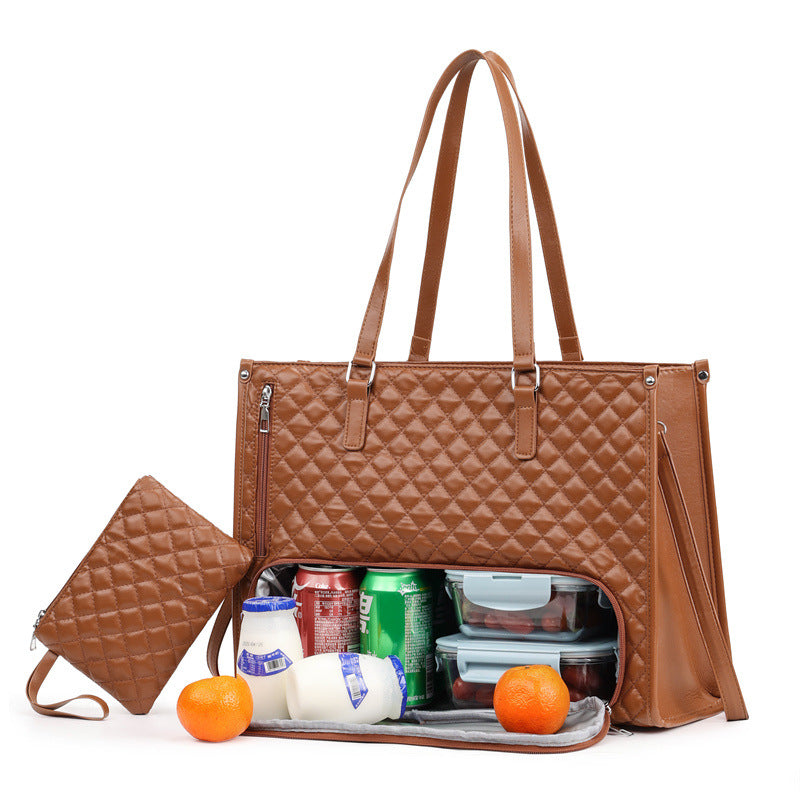 Lunch Boxes and Drinks are Stored at Women Tote Lunch Bag.