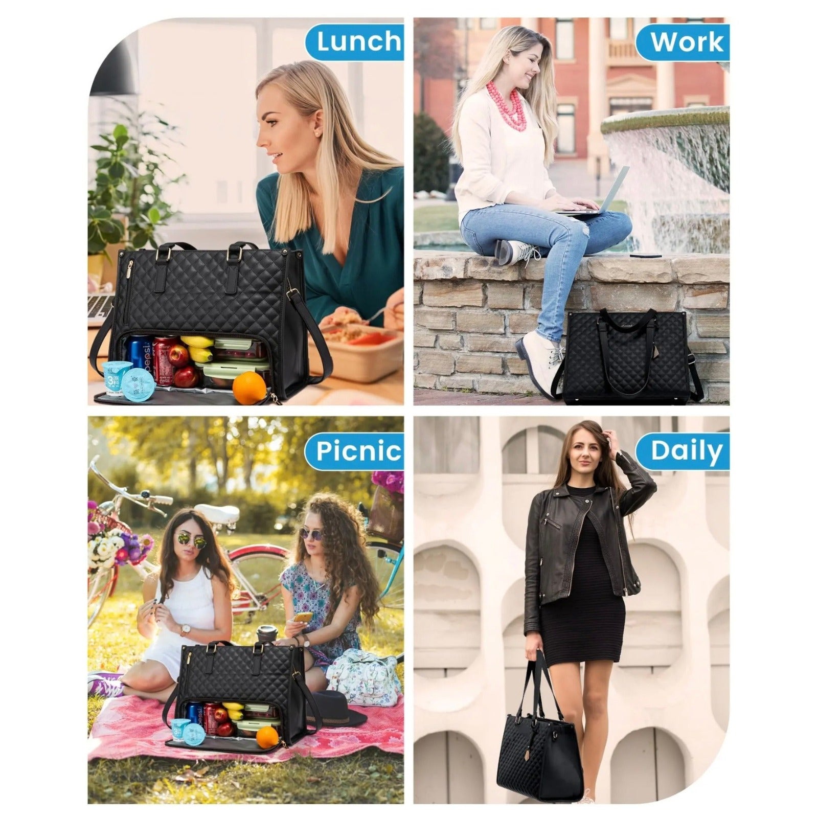 Different Ladies are Using  Women Tote Lunch Bag at Different Scenarios.