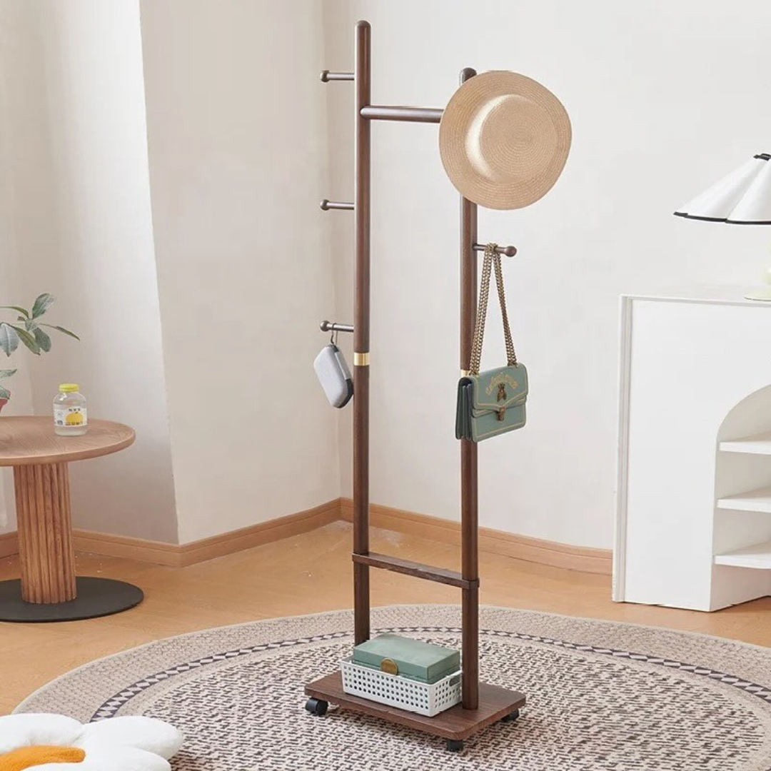 Wooden Coat Rack Hanger Organized with Ba, Hat and Slippers.
