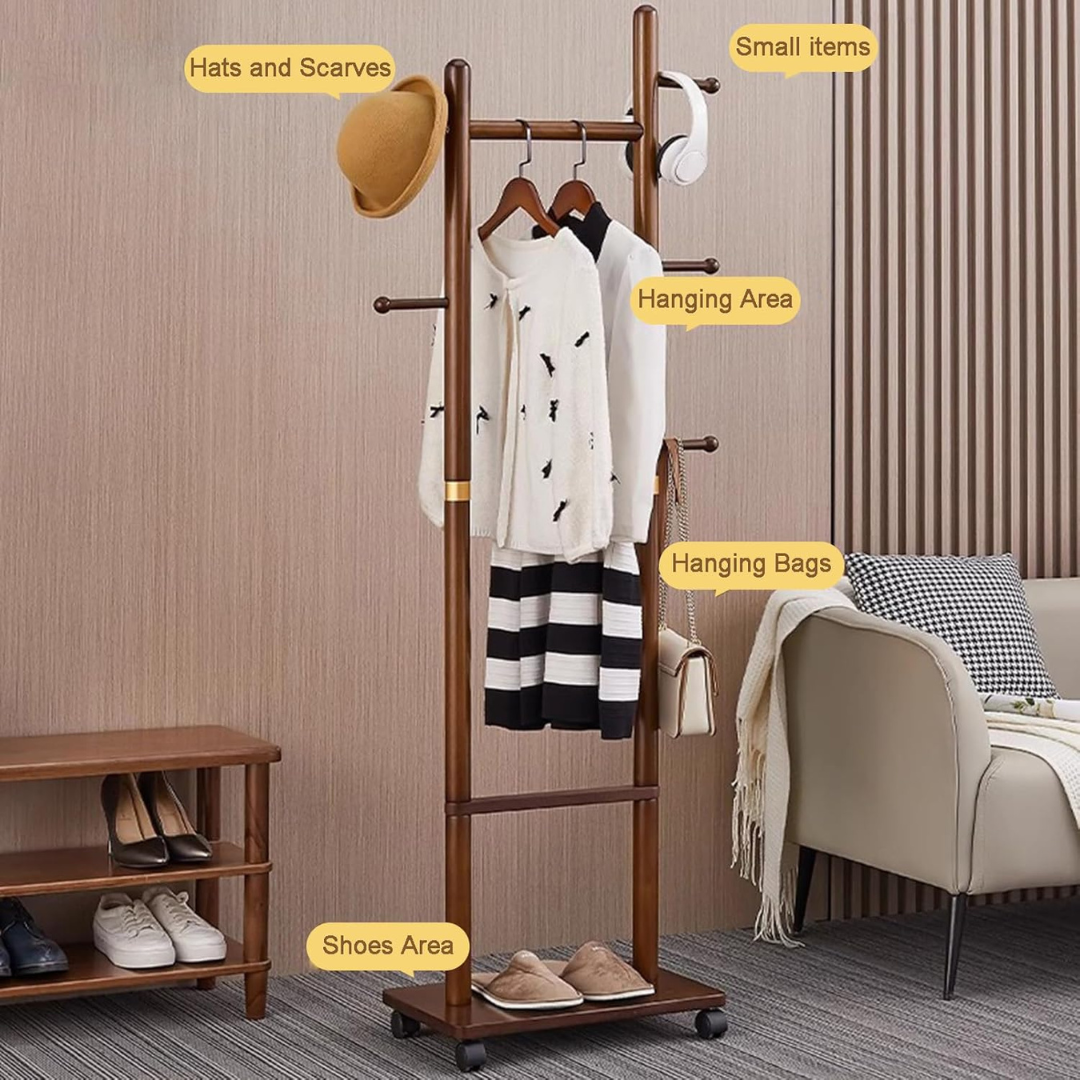 Wooden Coat Rack Hanger Organized with Clothes, Hat and Slippers.