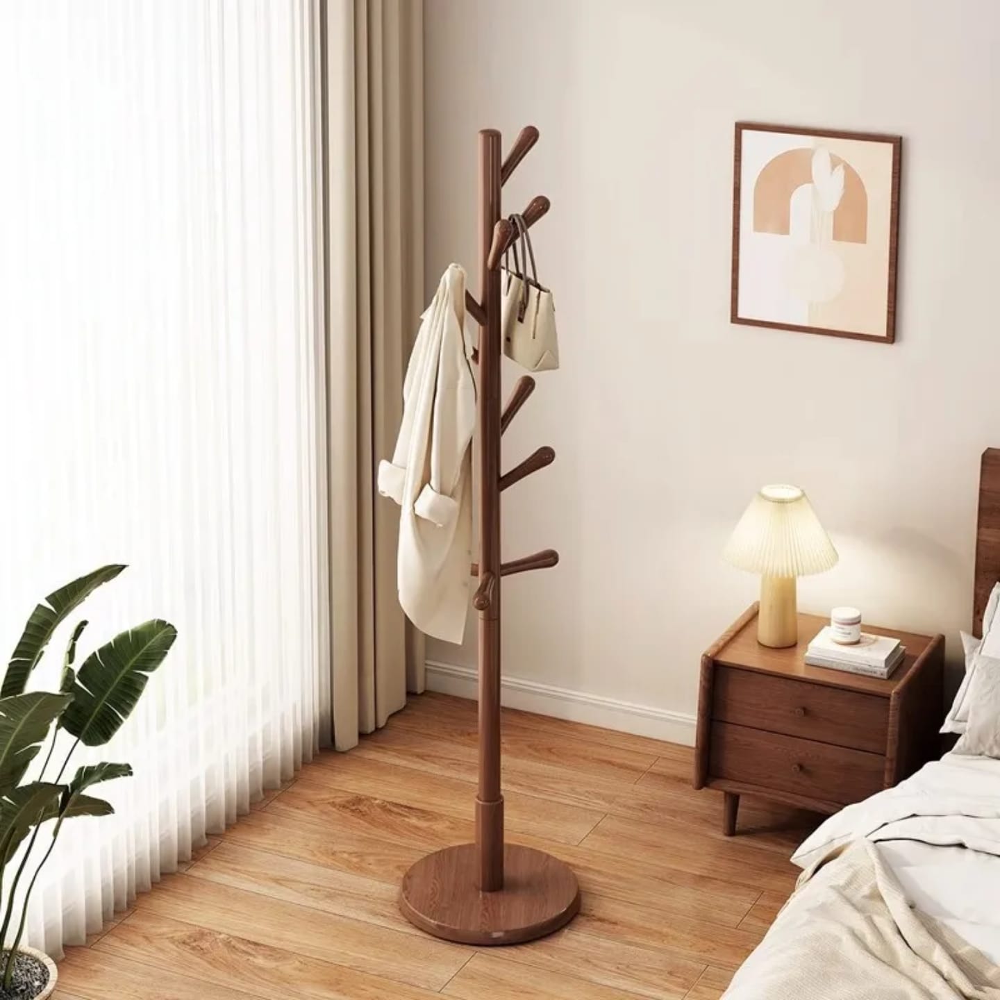 Wooden Coat Rack Stand with Bag and Cloth are Hanged On it.