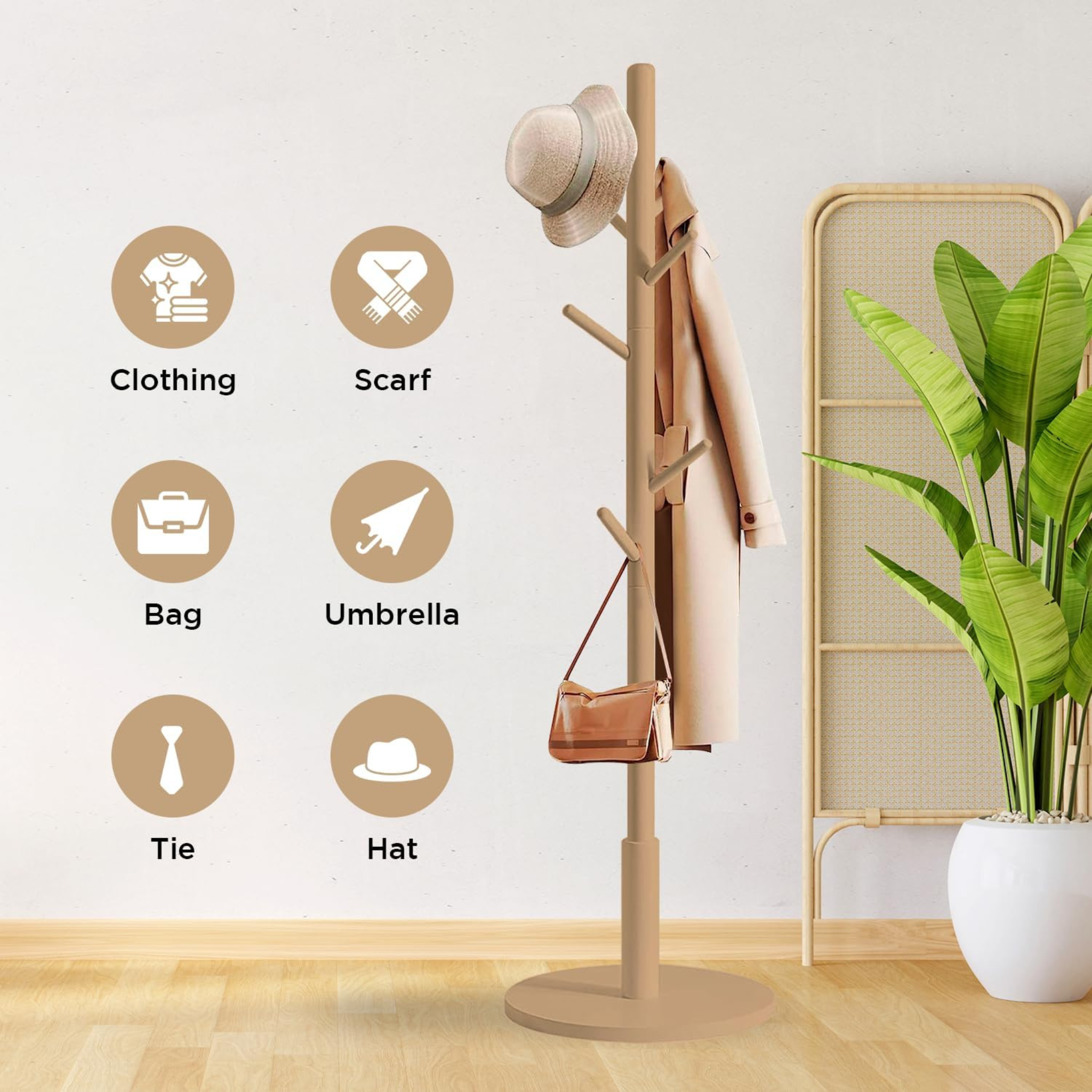 Wooden Coat Rack Stand with Coat, Hat and Bag Are Hanged On it.