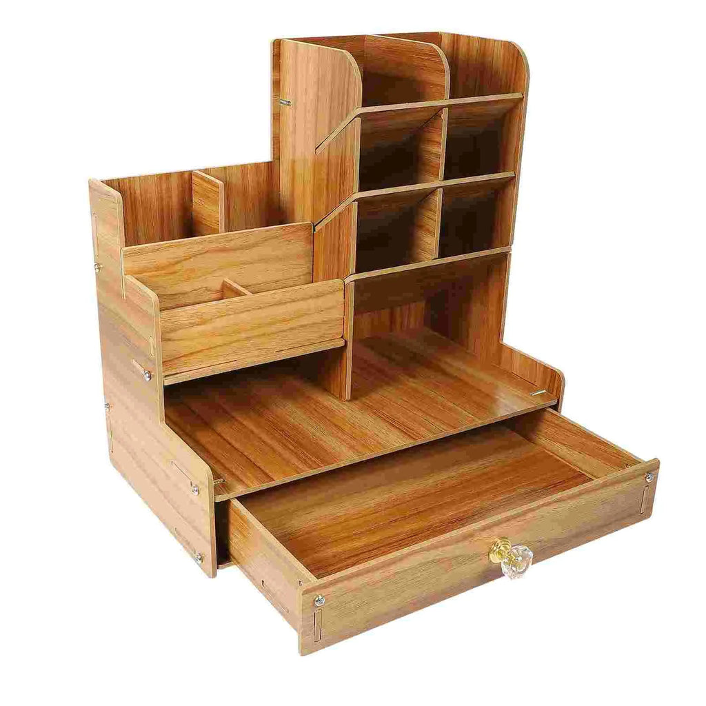 Timber Storage Container Desk Wooden Desk Organizer with Drawer, Pen Holder - Student and Office Des