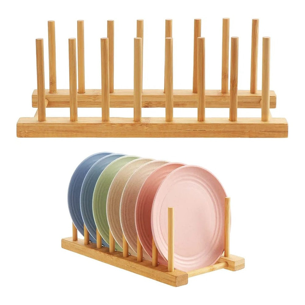 A Wooden Dish Holder hHolding Plates.