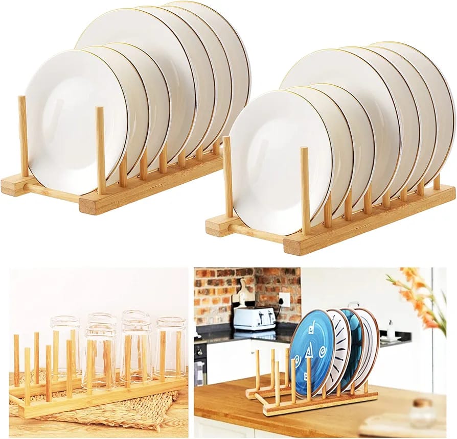 Wooden Dish Holder Holding Plates.