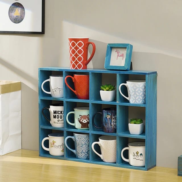 Wooden Wall Hanging Display Rack With Mugs and Pots Are Diaplayed On it.