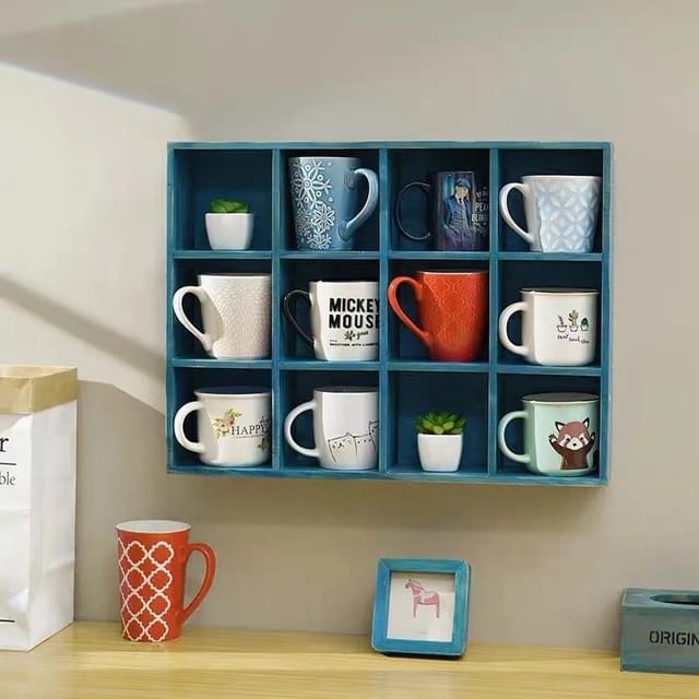 Wooden Wall Hanging Display Rack With Mugs and Pots Are Diaplayed On it.
