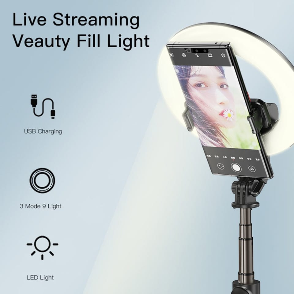 A Mobile Phone is Fixed On a YESIDO Selfie Stick With Wireless Ring Light.