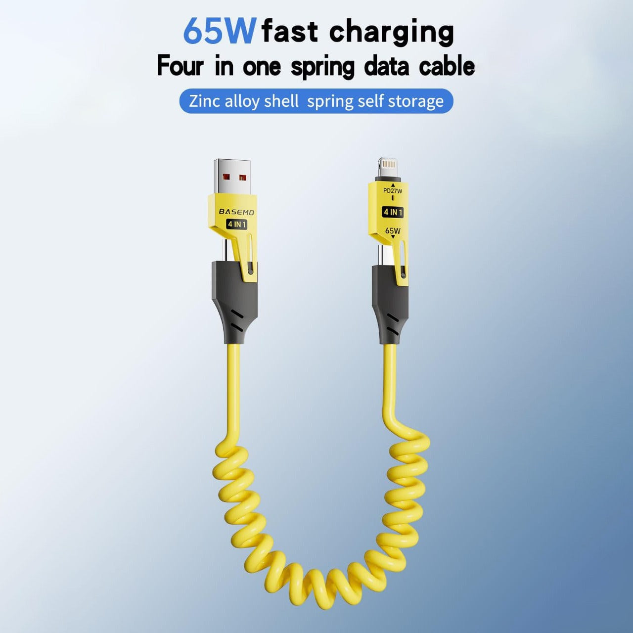 Fast Charging 4-in-1 Spring Data Cable In Yellow Color.