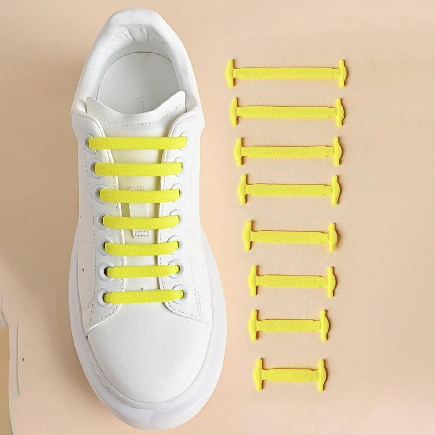 Yellow Silicone No Tie Creative Shoelaces Fixed on Shoe.