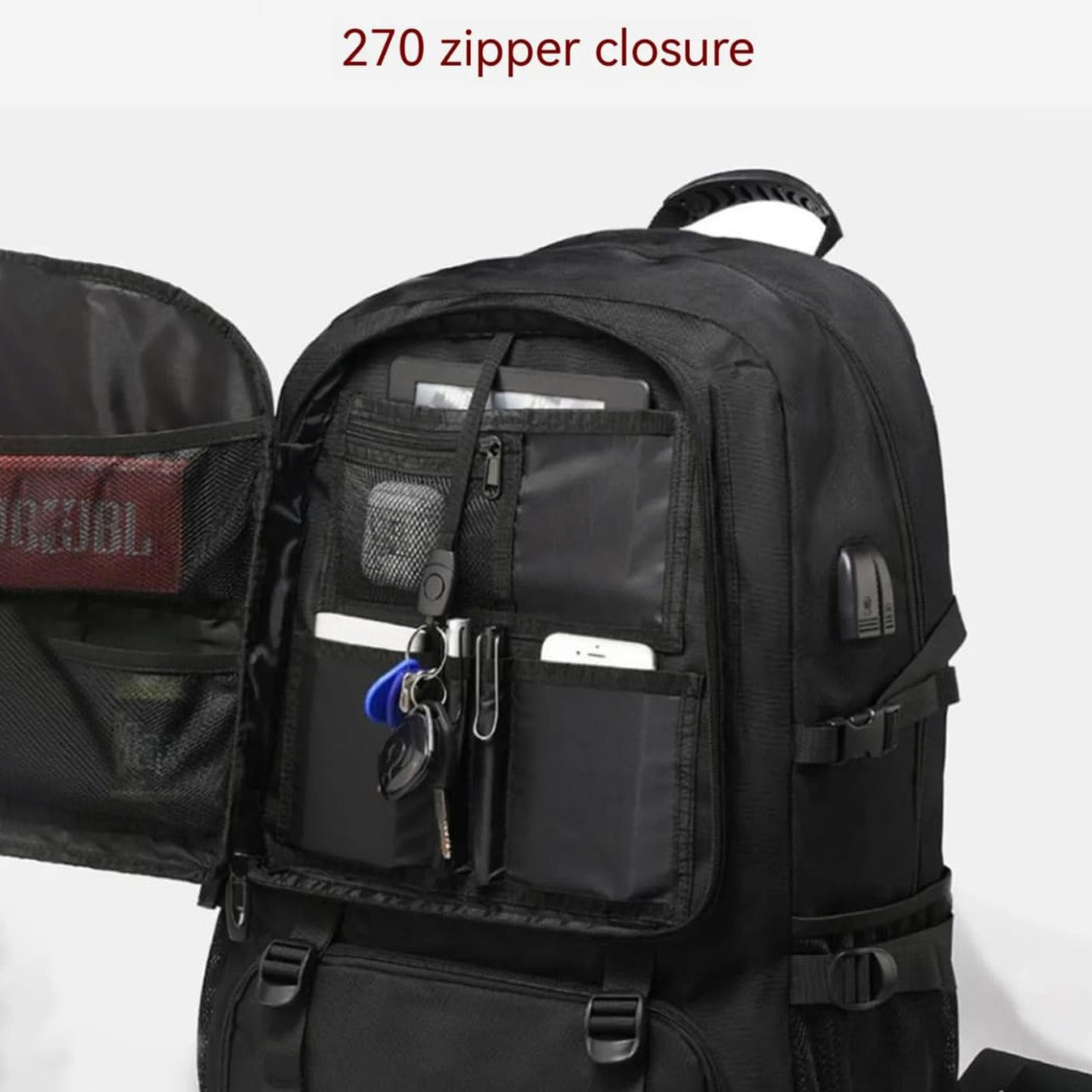 Zipper Closure Of Large Capacity Travel Backpack.