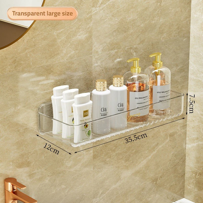 A wall-mounted transparent bathroom storage rack with toiletries, shampoo, and cosmetics