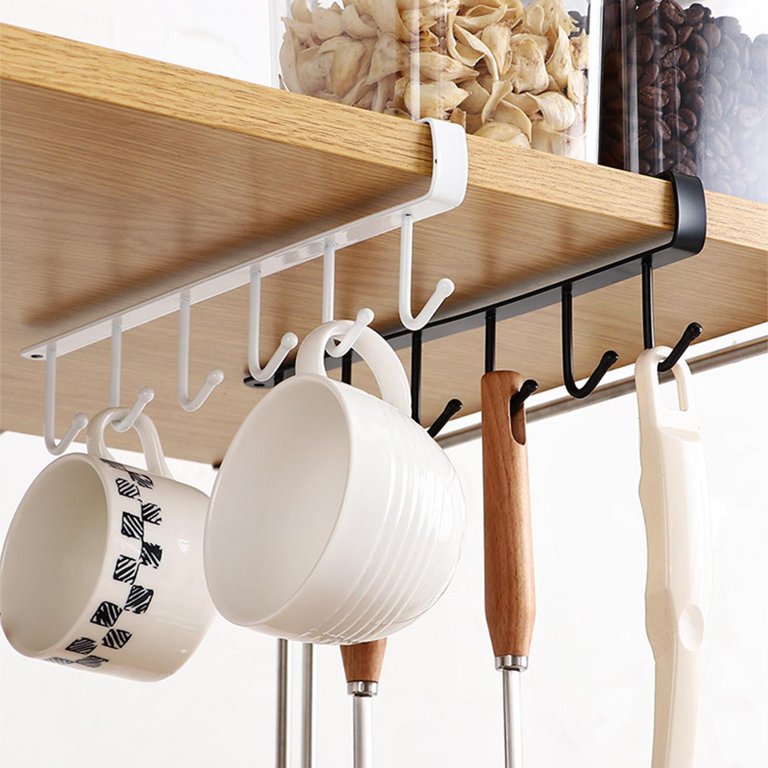 Keep your cups and spoons organized with a metal hanger rack featuring 6 hooks on a kitchen shelf