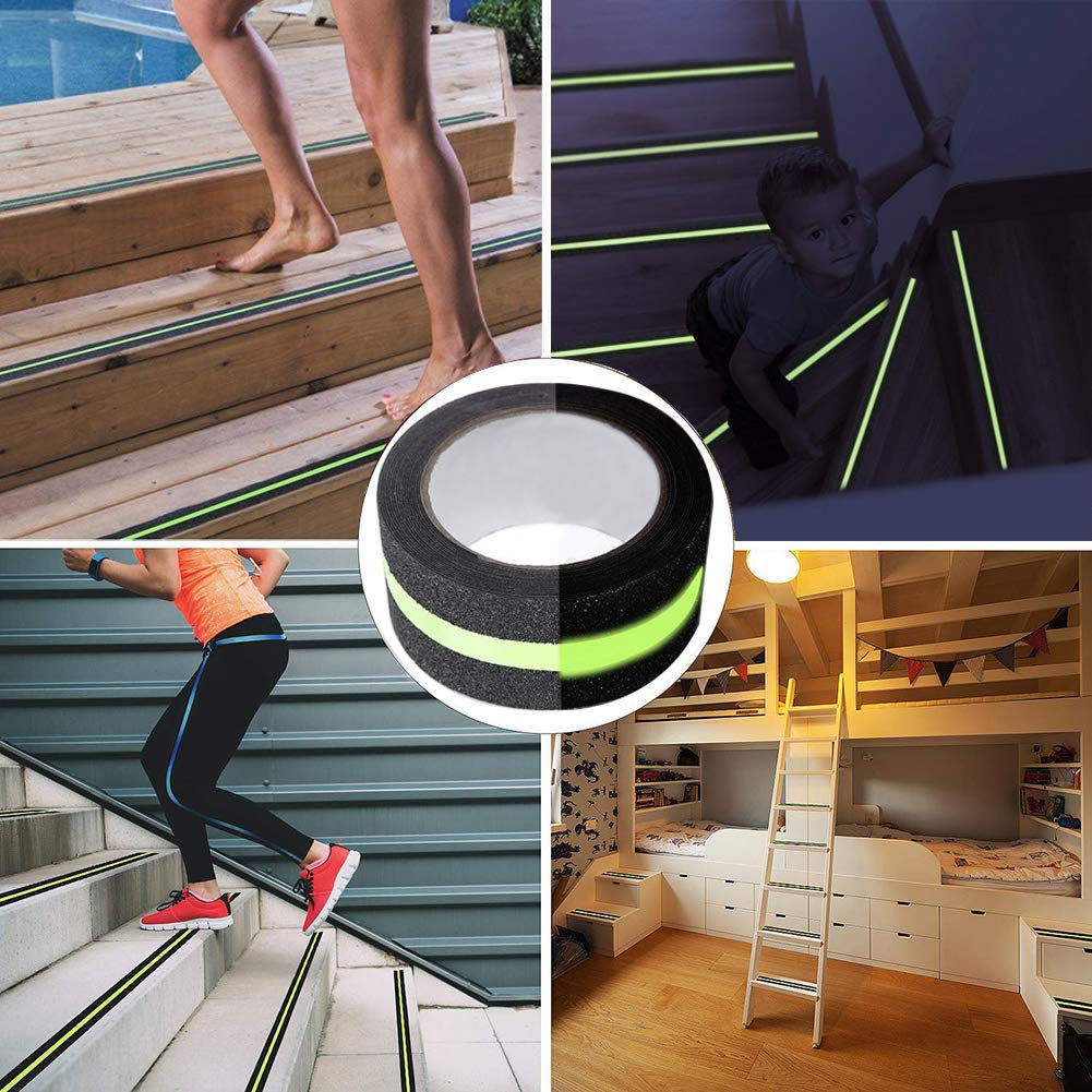 Collage of images showing people using reflective anti-slip tape, a close-up of the tape, and a room with a ladder.