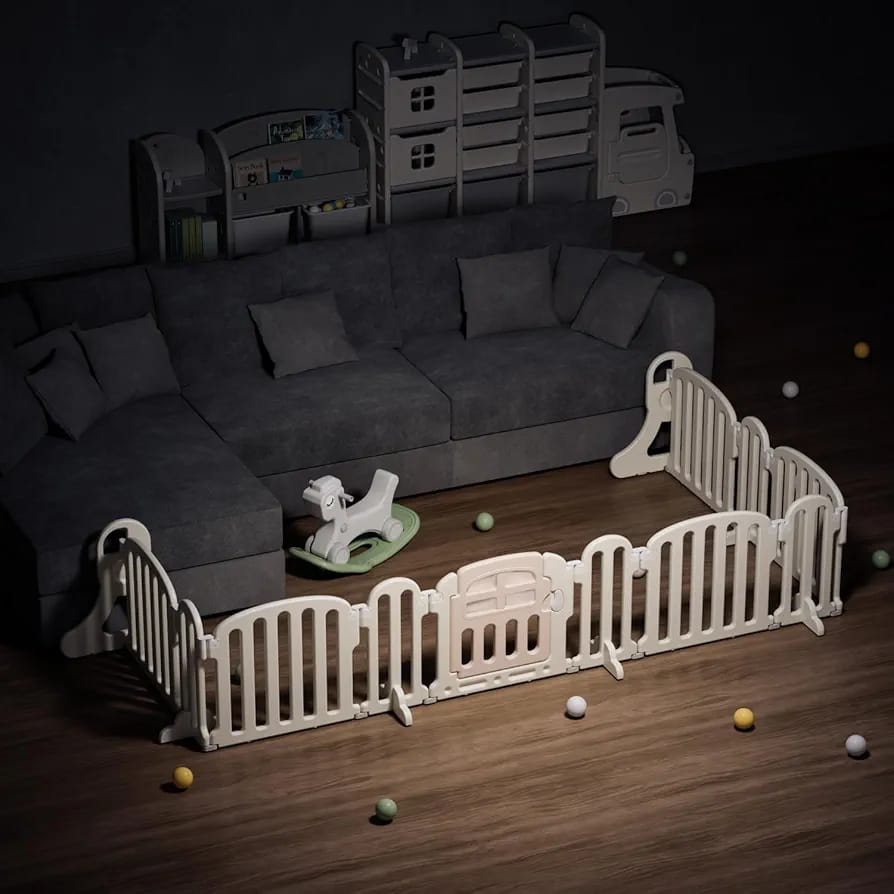 A baby playpen set up in a living room