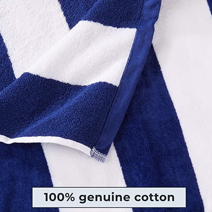 Blue and white striped towel with '100% genuine cotton' text