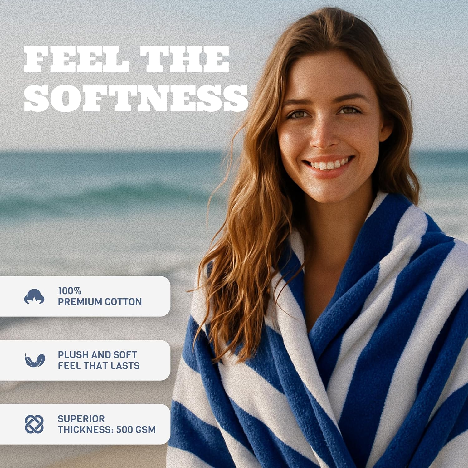 Woman wrapped in a blue and white striped towel on a beach with text about towel softness and quality.