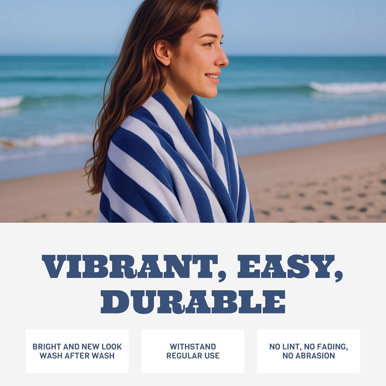 Woman wrapped in a blue and white striped towel on a beach with text about product qualities.