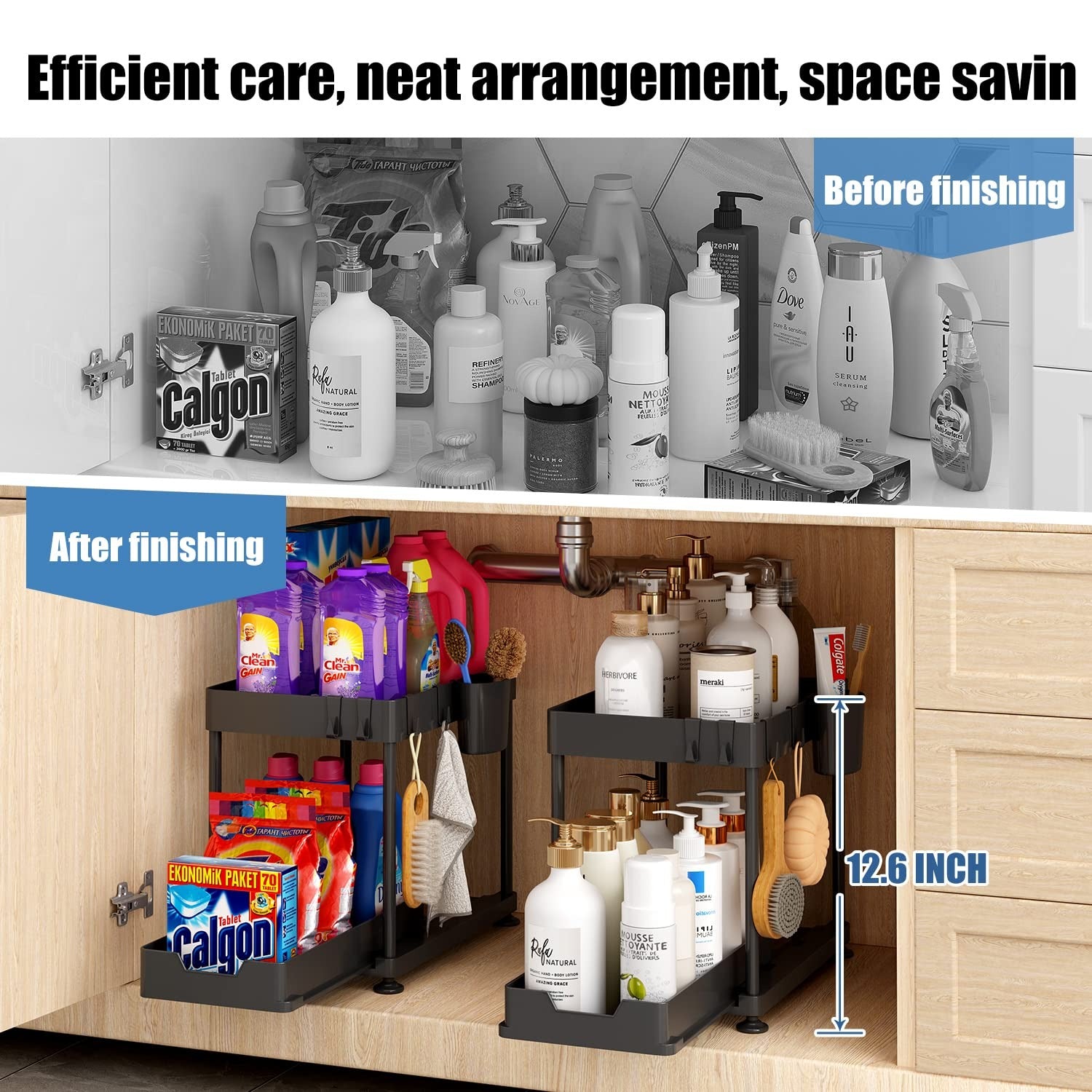 before and after using of 2 Tier Under Sink Organizer