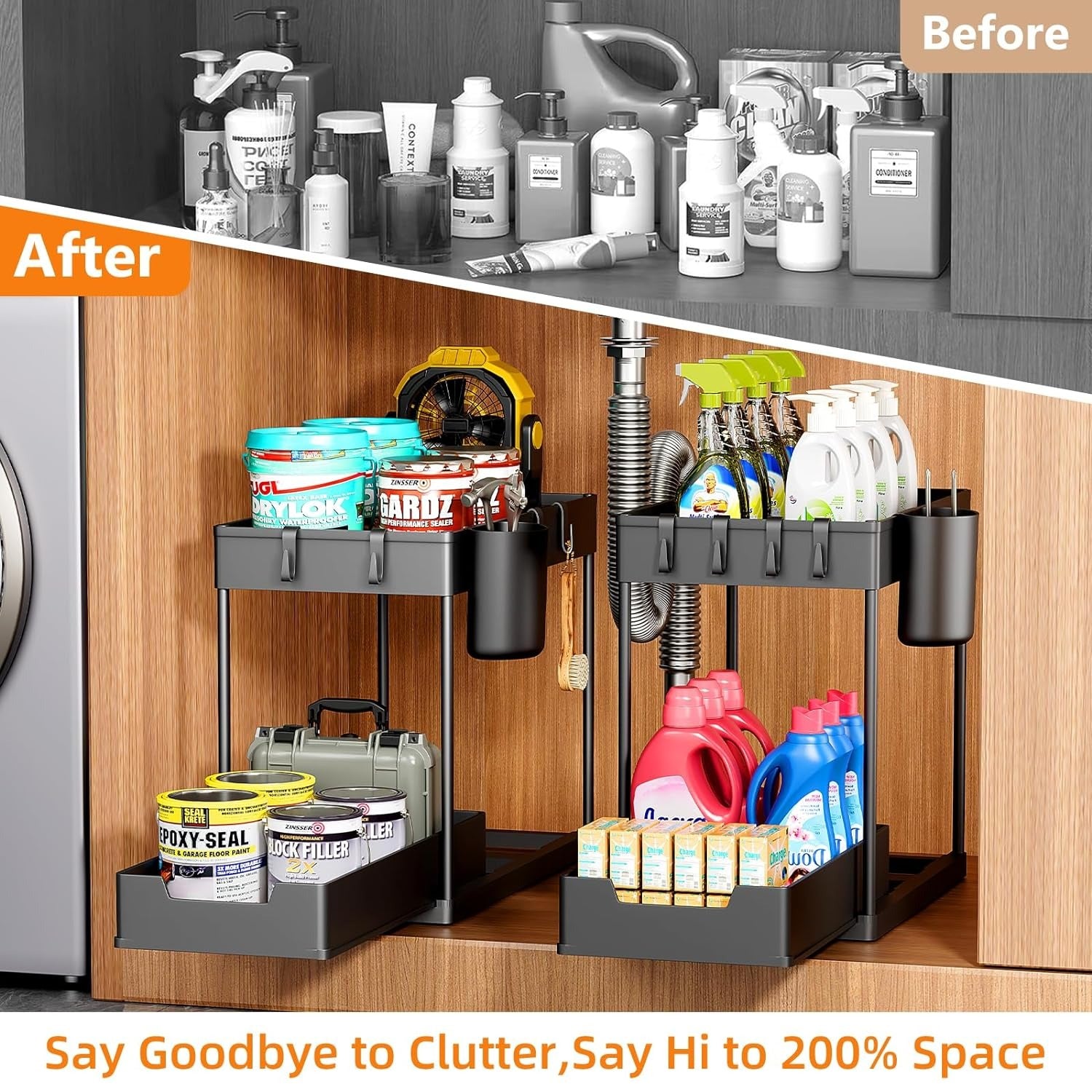 before vs after of 2 Tier Under Sink Organizer