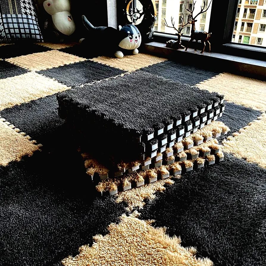 Black and Beige Carpet Tile Floor Mat.