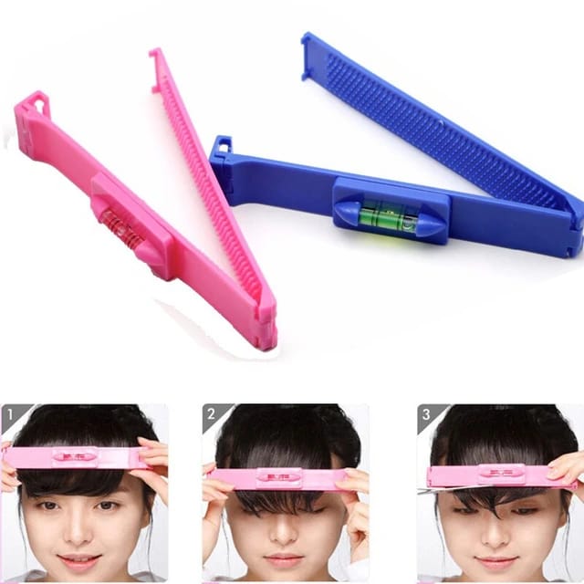 A Women Is Cutter Her Hair Using Pink and Blue Hair Cutting Tool.
