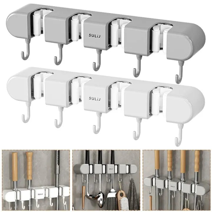 Wall-Mounted Mop Holder & Broom Hanger - with Hooks for Bathroom and Kitchen Organization