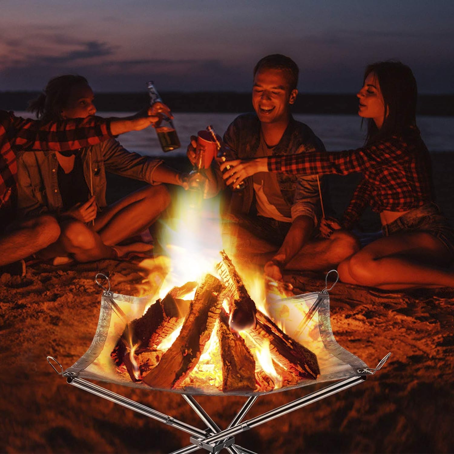 Couples Enjoying Their Vacation Around Folding Camping Fire Stand Rack with Fire.