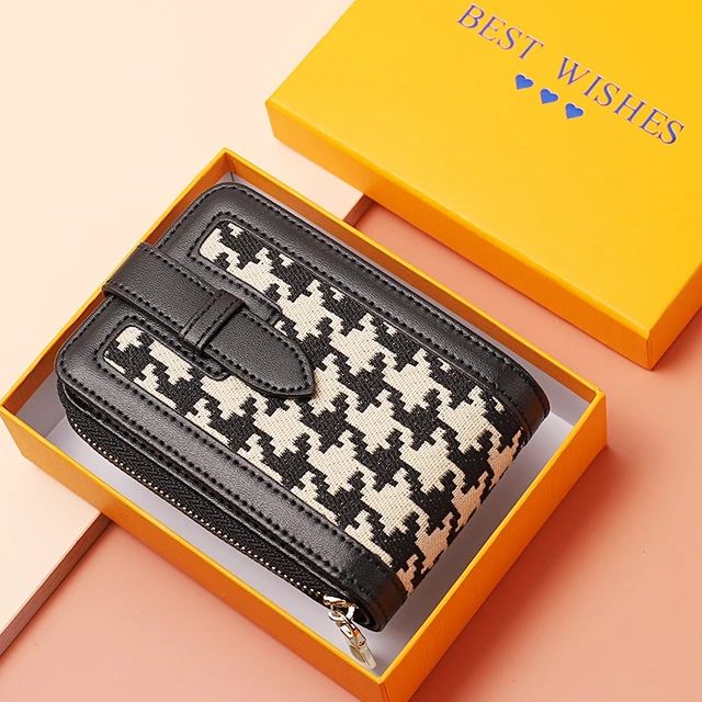 Unisex Checkered Houndstooth Canvas Wallet, Card Holder Purse Slots with Zip Lock Unisex Checkered Houndstooth Canvas Wallet, Card Holder Purse Slots with Zip Lock