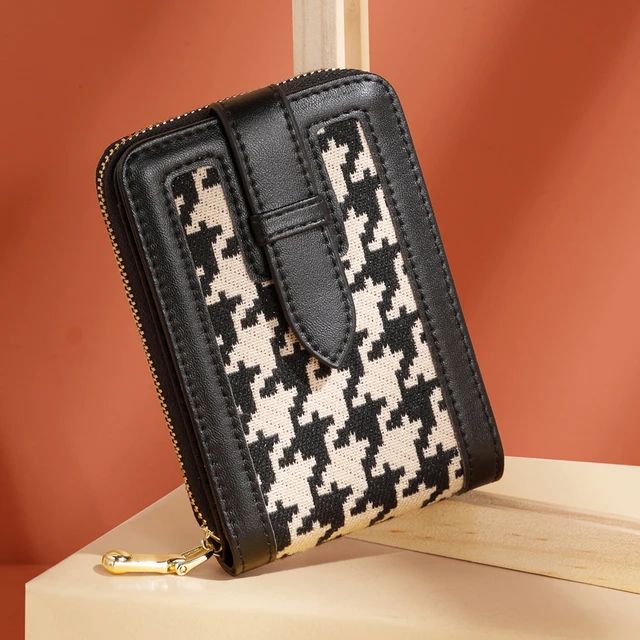 Unisex Checkered Houndstooth Canvas Wallet, Card Holder Purse Slots with Zip Lock Unisex Checkered Houndstooth Canvas Wallet, Card Holder Purse Slots with Zip Lock
